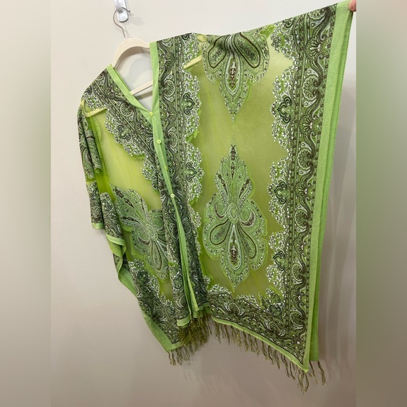 Green Sheer Kimono Kraften Paisley Design Fringe Sparkle Free Size Fairy - Picture 2 of 7